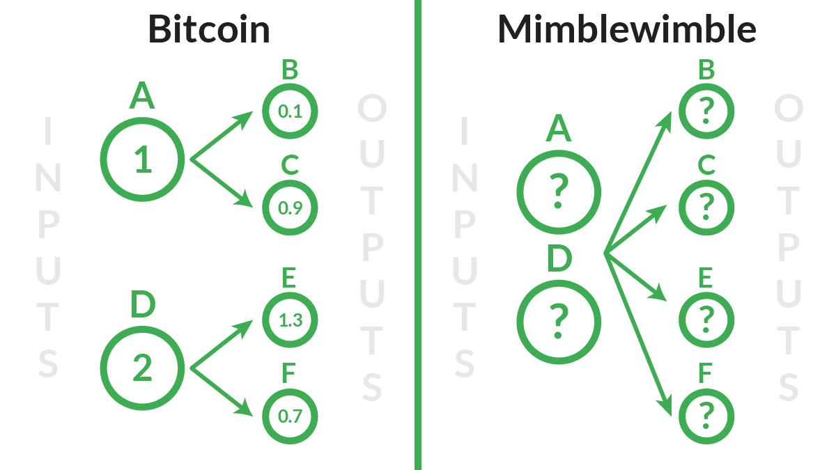Comparison between inputs and output of a bitcoin and MimbleWimble based transaction